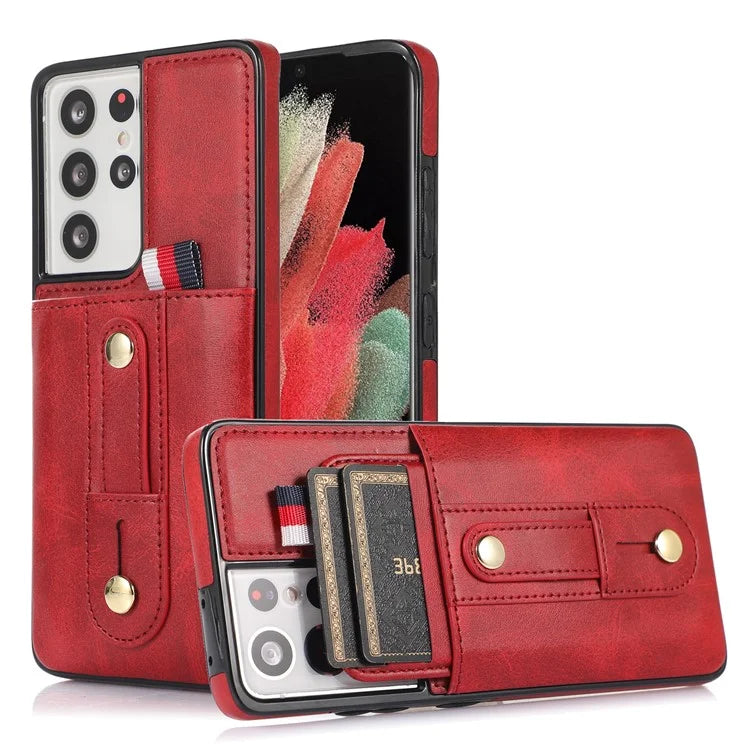 For Samsung Galaxy S21 Ultra 5G Case Drop-proof Card Holder Phone Cover with Retractable Strap Kickstand