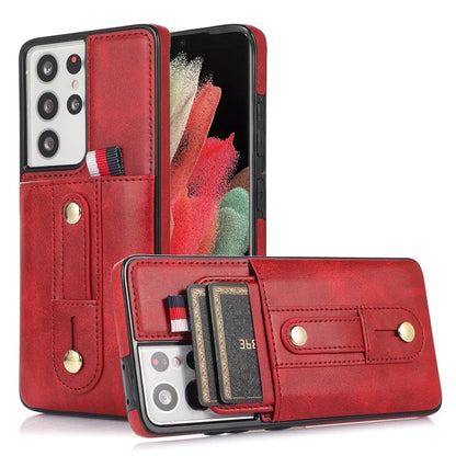 For Samsung Galaxy S21 Ultra 5G Case Drop-proof Card Holder Phone Cover with Retractable Strap Kickstand