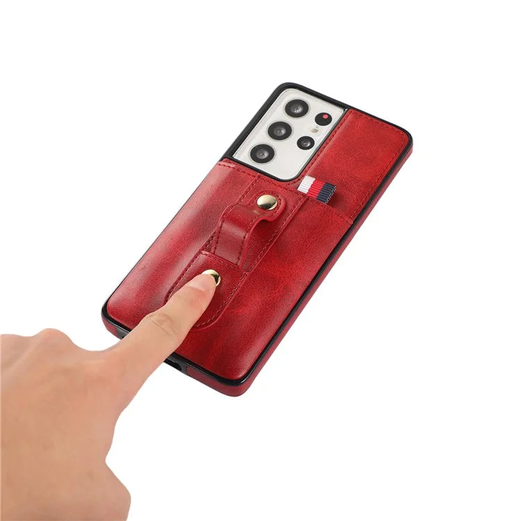 For Samsung Galaxy S21 Ultra 5G Case Drop-proof Card Holder Phone Cover with Retractable Strap Kickstand