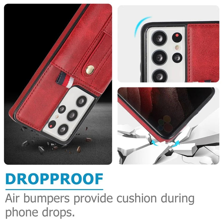 For Samsung Galaxy S21 Ultra 5G Case Drop-proof Card Holder Phone Cover with Retractable Strap Kickstand