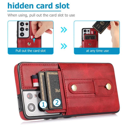 For Samsung Galaxy S21 Ultra 5G Case Drop-proof Card Holder Phone Cover with Retractable Strap Kickstand