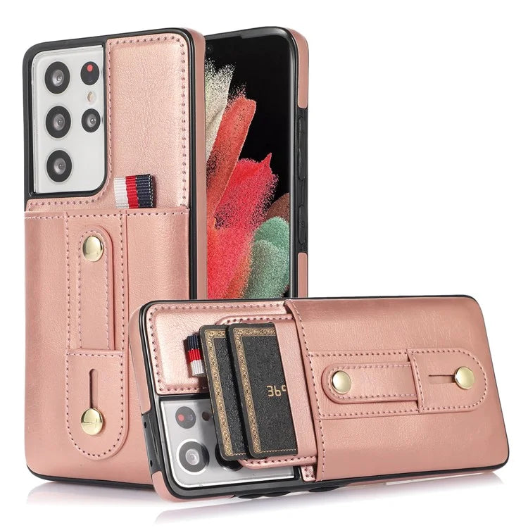 For Samsung Galaxy S21 Ultra 5G Case Drop-proof Card Holder Phone Cover with Retractable Strap Kickstand