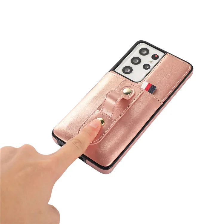 For Samsung Galaxy S21 Ultra 5G Case Drop-proof Card Holder Phone Cover with Retractable Strap Kickstand