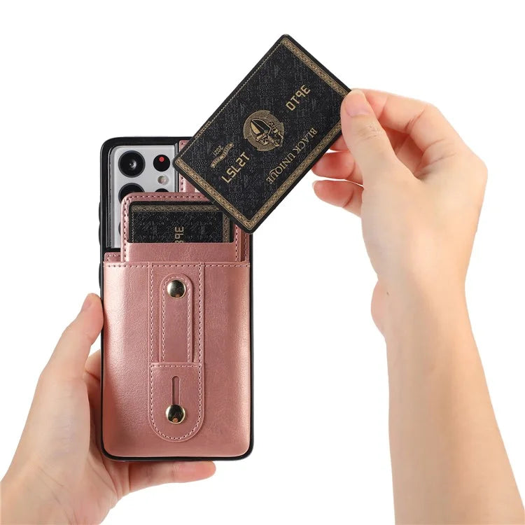 For Samsung Galaxy S21 Ultra 5G Case Drop-proof Card Holder Phone Cover with Retractable Strap Kickstand