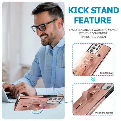 For Samsung Galaxy S21 Ultra 5G Case Drop-proof Card Holder Phone Cover with Retractable Strap Kickstand