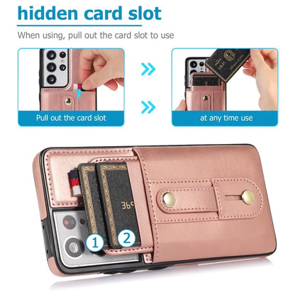 For Samsung Galaxy S21 Ultra 5G Case Drop-proof Card Holder Phone Cover with Retractable Strap Kickstand