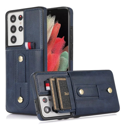 For Samsung Galaxy S21 Ultra 5G Case Drop-proof Card Holder Phone Cover with Retractable Strap Kickstand