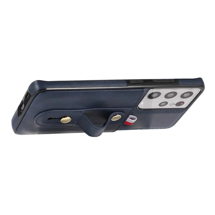 For Samsung Galaxy S21 Ultra 5G Case Drop-proof Card Holder Phone Cover with Retractable Strap Kickstand