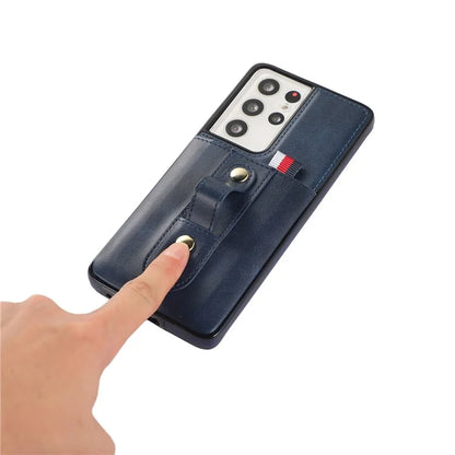 For Samsung Galaxy S21 Ultra 5G Case Drop-proof Card Holder Phone Cover with Retractable Strap Kickstand