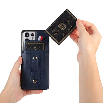 For Samsung Galaxy S21 Ultra 5G Case Drop-proof Card Holder Phone Cover with Retractable Strap Kickstand