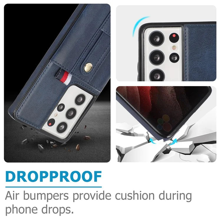 For Samsung Galaxy S21 Ultra 5G Case Drop-proof Card Holder Phone Cover with Retractable Strap Kickstand