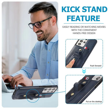 For Samsung Galaxy S21 Ultra 5G Case Drop-proof Card Holder Phone Cover with Retractable Strap Kickstand