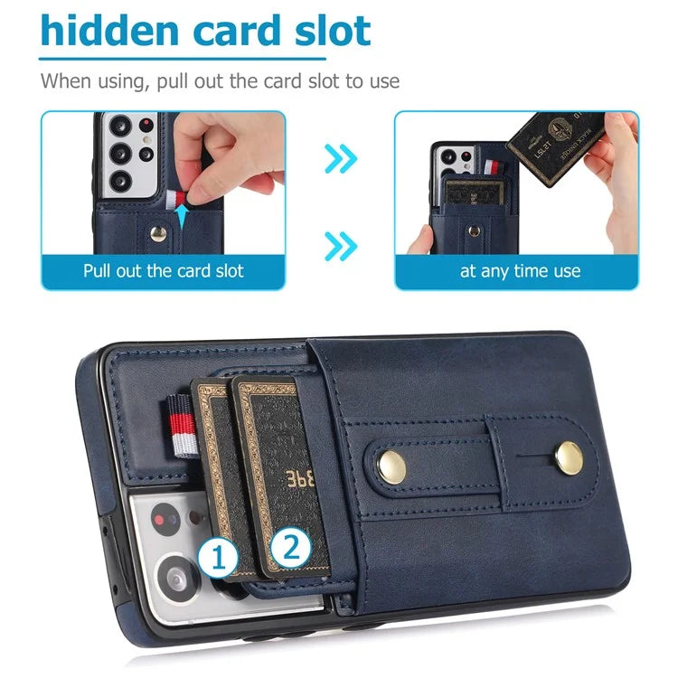 For Samsung Galaxy S21 Ultra 5G Case Drop-proof Card Holder Phone Cover with Retractable Strap Kickstand