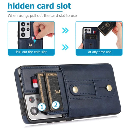 For Samsung Galaxy S21 Ultra 5G Case Drop-proof Card Holder Phone Cover with Retractable Strap Kickstand
