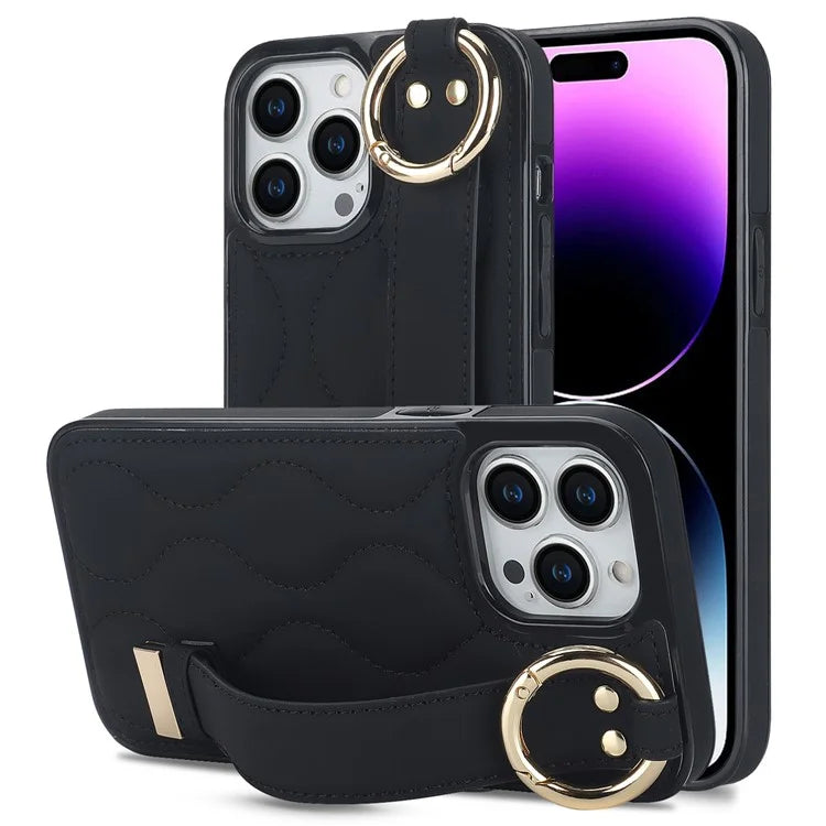 For iPhone 14 Pro Max Case Wave Pattern PU+TPU Kickstand Phone Cases