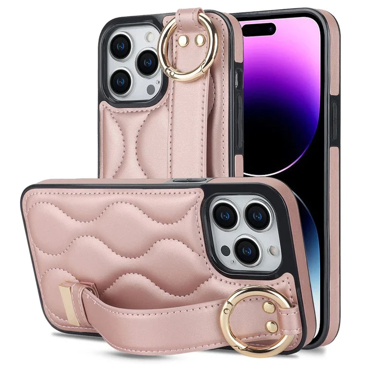 For iPhone 14 Pro Max Case Wave Pattern PU+TPU Kickstand Phone Cases