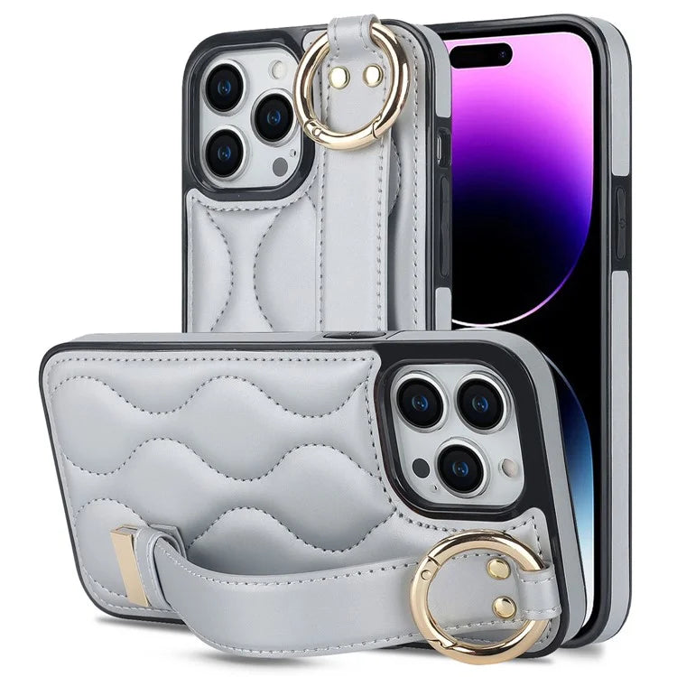 For iPhone 14 Pro Max Case Wave Pattern PU+TPU Kickstand Phone Cases