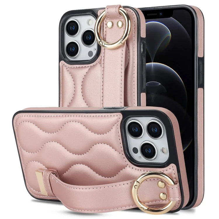 For iPhone 12 Pro Max Shockproof Case Wave Pattern PU+TPU Kickstand Phone Cover