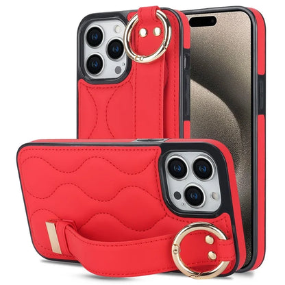 For iPhone 15 Pro Max Case Wave Pattern Kickstand PU+TPU Phone Case