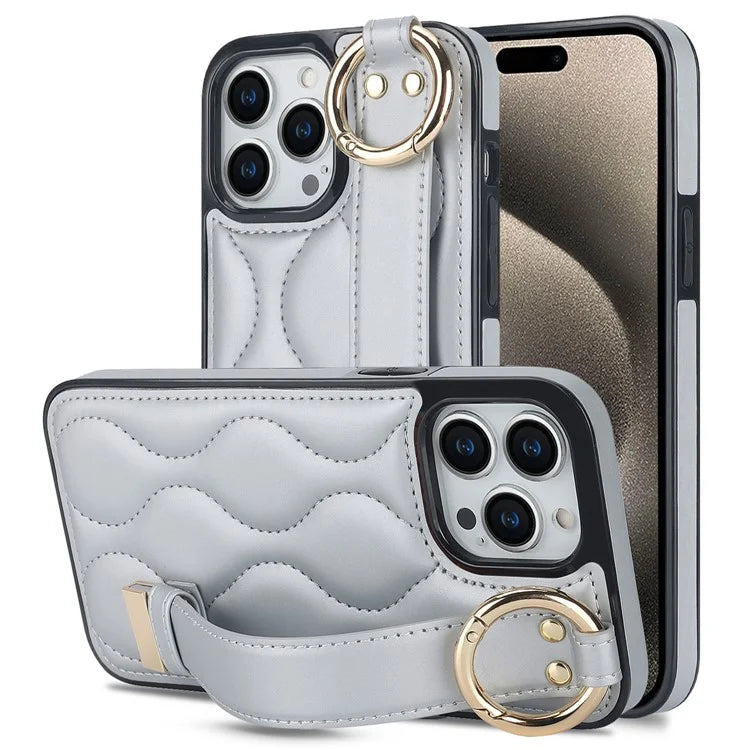 For iPhone 15 Pro Max Case Wave Pattern Kickstand PU+TPU Phone Case