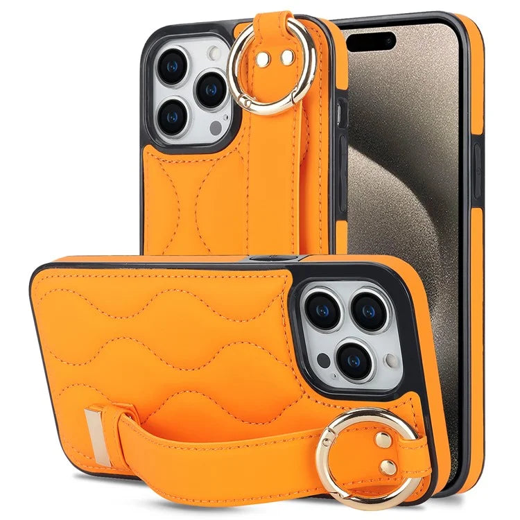 For iPhone 15 Pro Max Case Wave Pattern Kickstand PU+TPU Phone Case