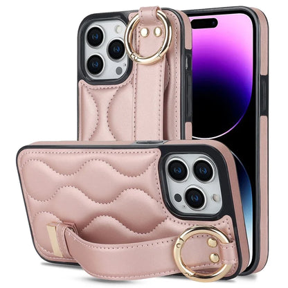 For iPhone 14 Pro PU+TPU Case Wave Pattern Shockproof Kickstand Phone Case