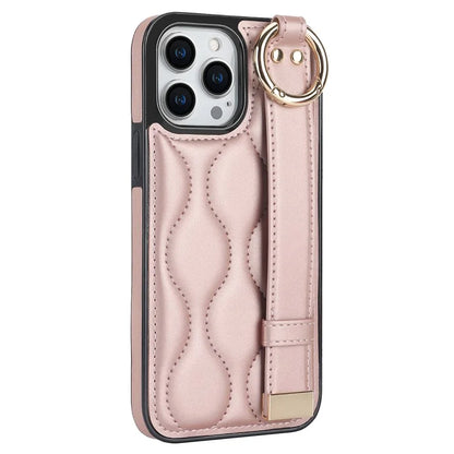 For iPhone 14 Pro PU+TPU Case Wave Pattern Shockproof Kickstand Phone Case
