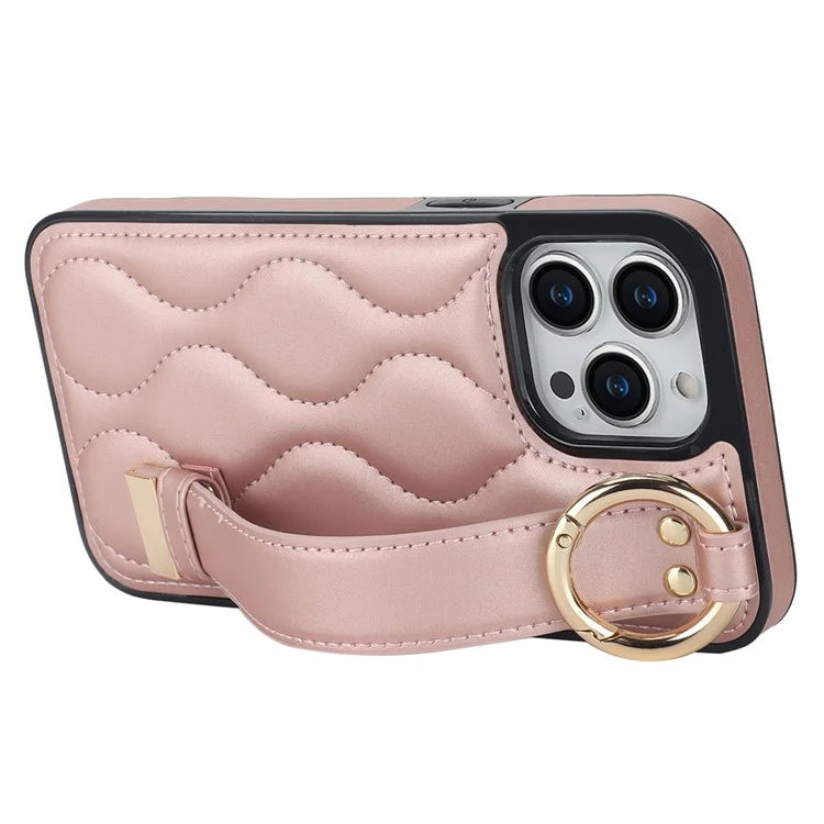 For iPhone 14 Pro PU+TPU Case Wave Pattern Shockproof Kickstand Phone Case