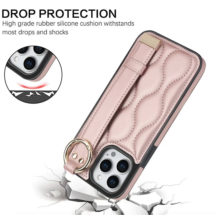 For iPhone 14 Pro PU+TPU Case Wave Pattern Shockproof Kickstand Phone Case