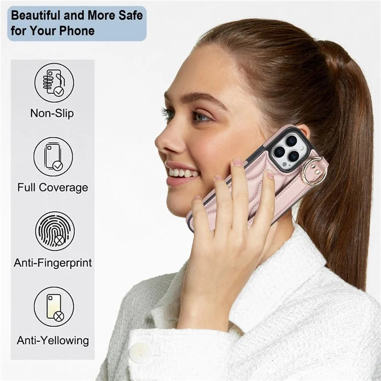 For iPhone 14 Pro PU+TPU Case Wave Pattern Shockproof Kickstand Phone Case