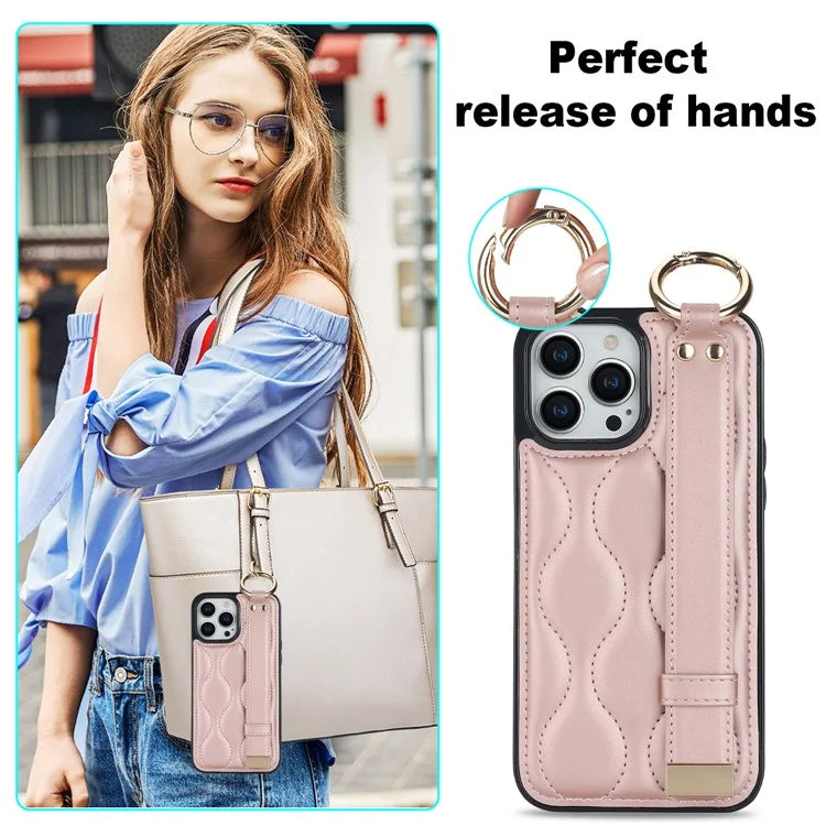 For iPhone 14 Pro PU+TPU Case Wave Pattern Shockproof Kickstand Phone Case