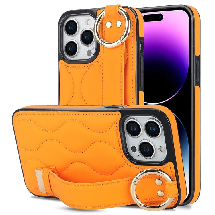 For iPhone 14 Pro PU+TPU Case Wave Pattern Shockproof Kickstand Phone Case