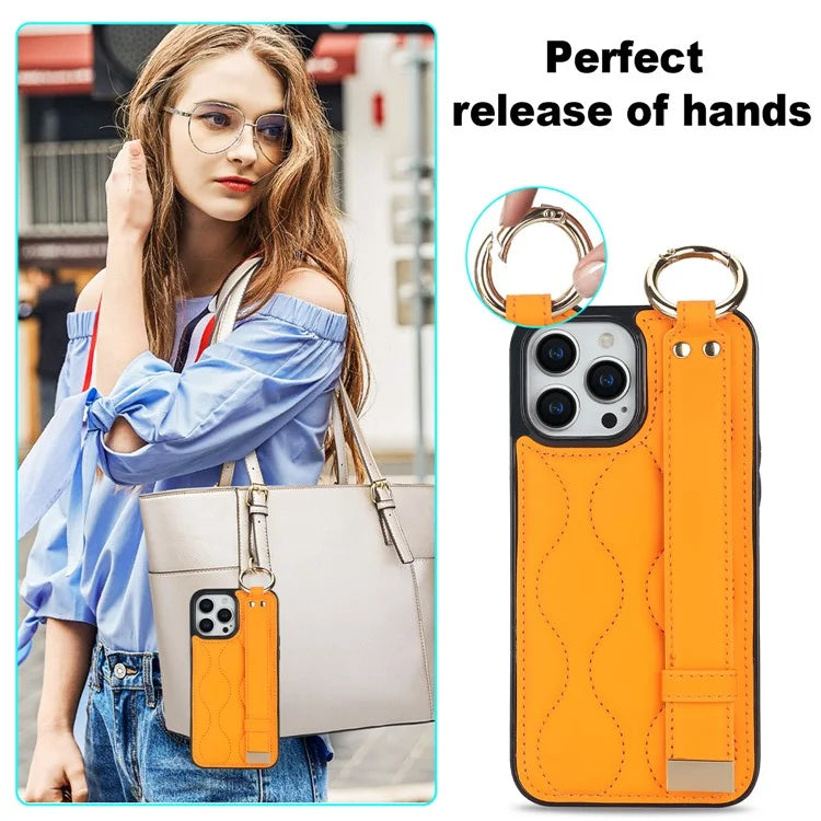 For iPhone 14 Pro PU+TPU Case Wave Pattern Shockproof Kickstand Phone Case