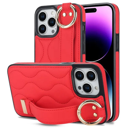 For iPhone 14 Pro PU+TPU Case Wave Pattern Shockproof Kickstand Phone Case