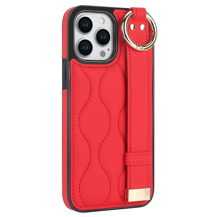 For iPhone 14 Pro PU+TPU Case Wave Pattern Shockproof Kickstand Phone Case