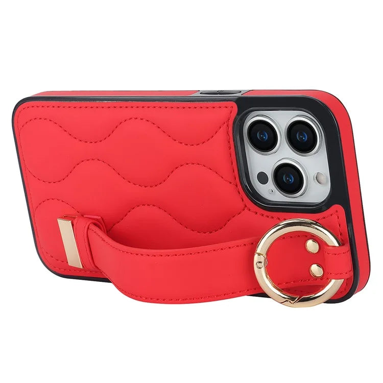 For iPhone 14 Pro PU+TPU Case Wave Pattern Shockproof Kickstand Phone Case