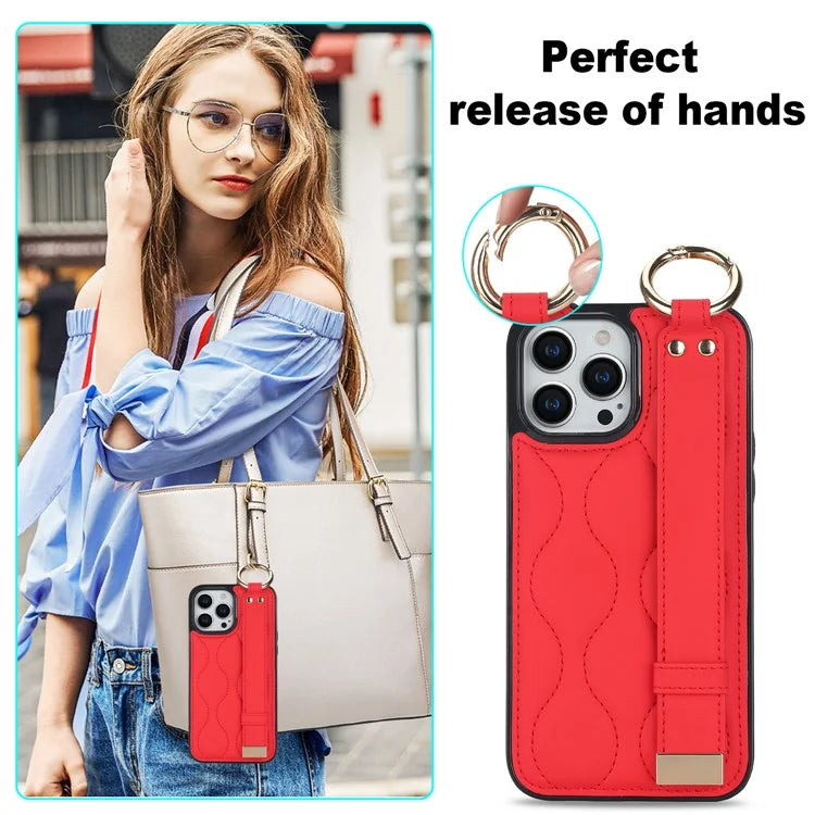 For iPhone 14 Pro PU+TPU Case Wave Pattern Shockproof Kickstand Phone Case