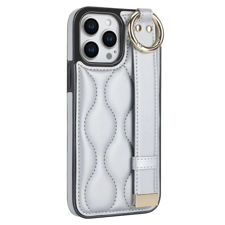 For iPhone 14 Pro PU+TPU Case Wave Pattern Shockproof Kickstand Phone Case