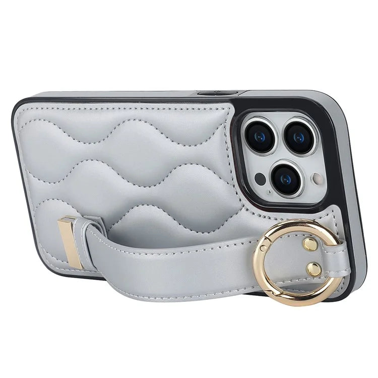 For iPhone 14 Pro PU+TPU Case Wave Pattern Shockproof Kickstand Phone Case