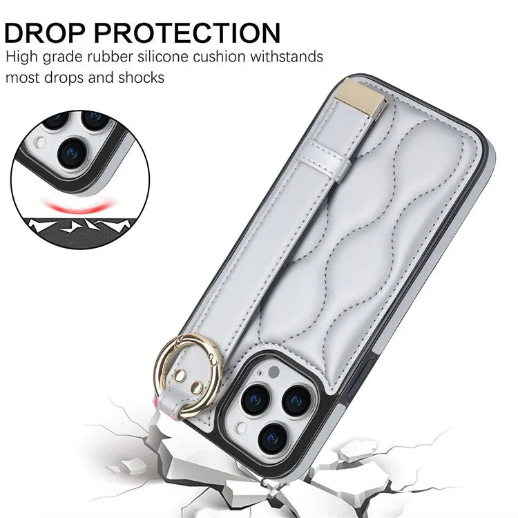 For iPhone 14 Pro PU+TPU Case Wave Pattern Shockproof Kickstand Phone Case
