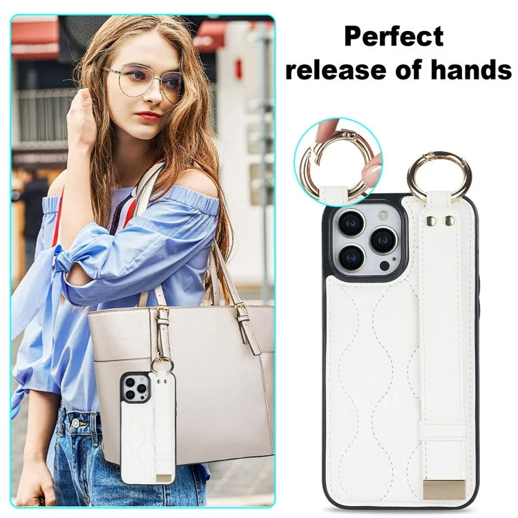 For iPhone 14 Pro PU+TPU Case Wave Pattern Shockproof Kickstand Phone Case