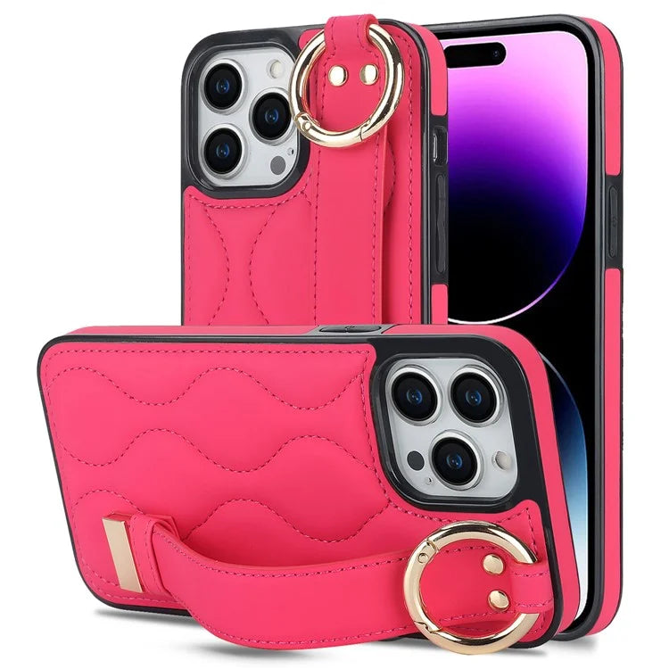 For iPhone 14 Pro PU+TPU Case Wave Pattern Shockproof Kickstand Phone Case