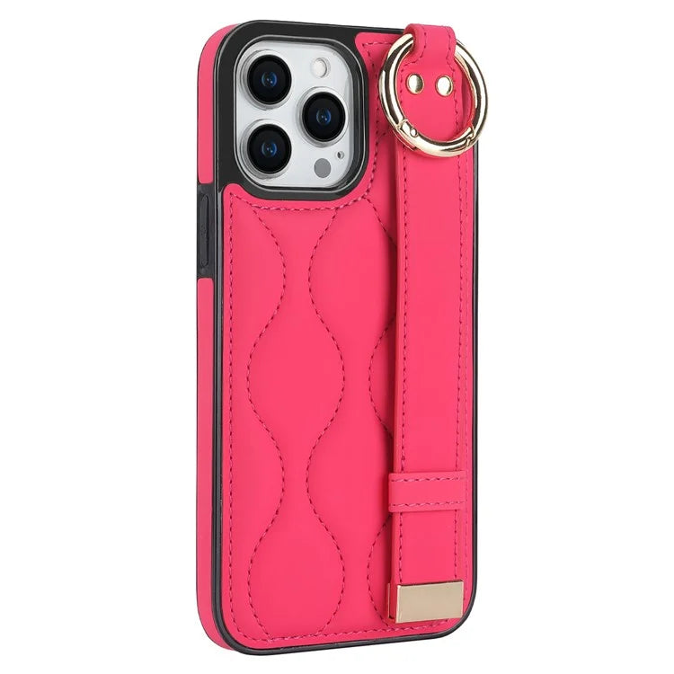 For iPhone 14 Pro PU+TPU Case Wave Pattern Shockproof Kickstand Phone Case