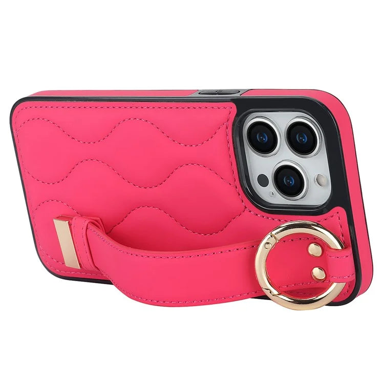 For iPhone 14 Pro PU+TPU Case Wave Pattern Shockproof Kickstand Phone Case