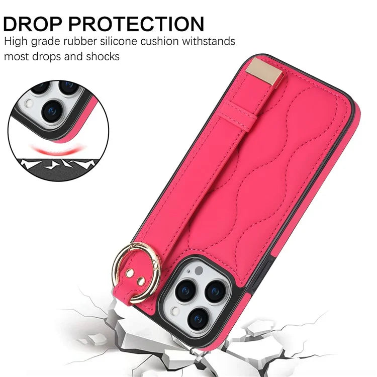 For iPhone 14 Pro PU+TPU Case Wave Pattern Shockproof Kickstand Phone Case