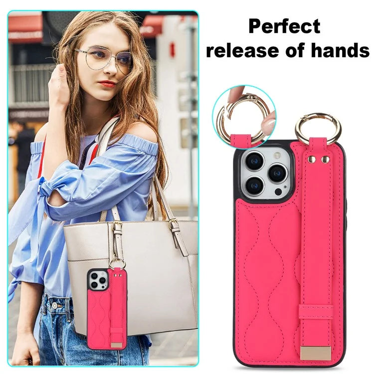 For iPhone 14 Pro PU+TPU Case Wave Pattern Shockproof Kickstand Phone Case