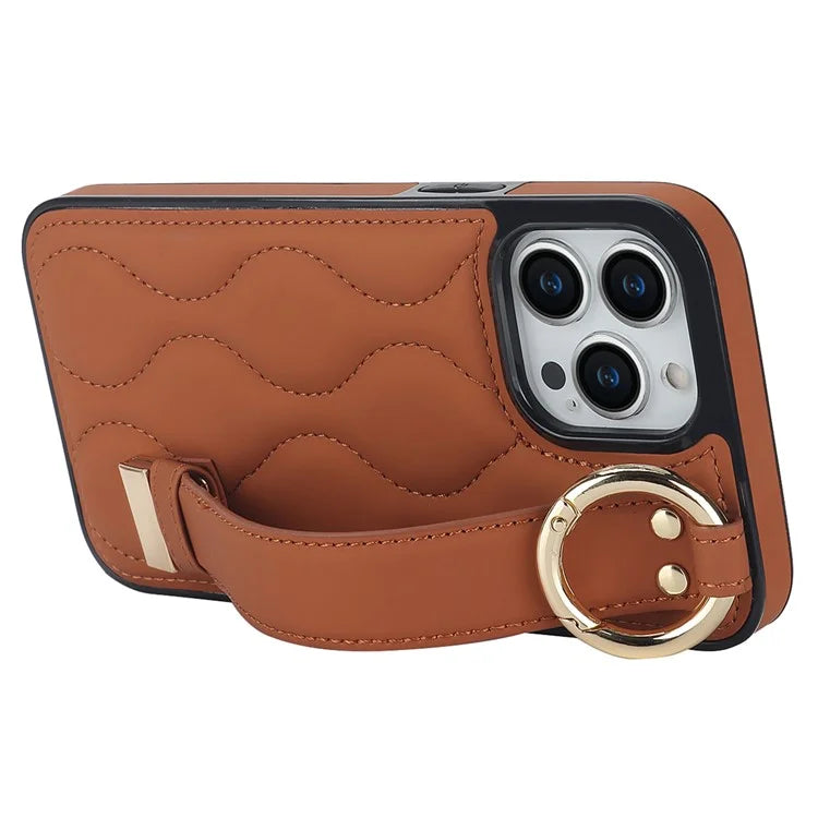For iPhone 14 Pro PU+TPU Case Wave Pattern Shockproof Kickstand Phone Case