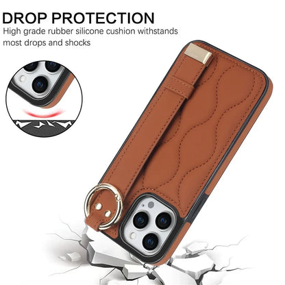 For iPhone 14 Pro PU+TPU Case Wave Pattern Shockproof Kickstand Phone Case