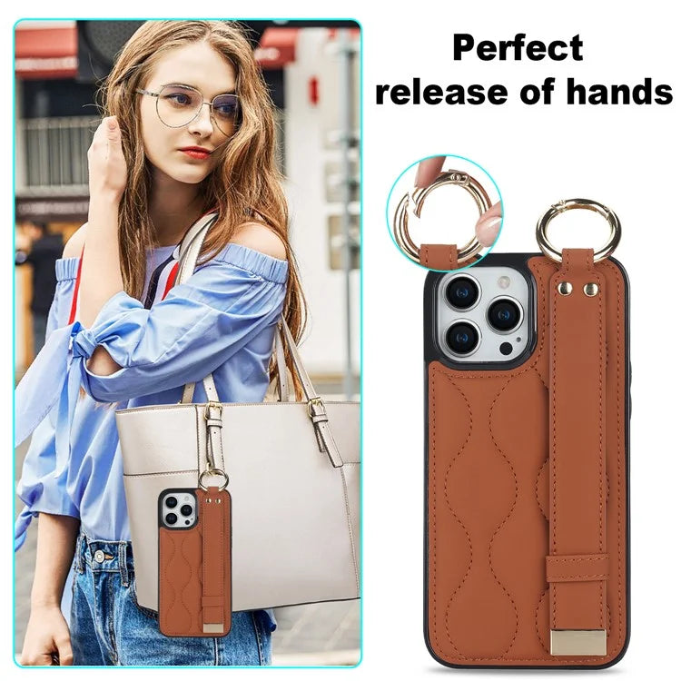For iPhone 14 Pro PU+TPU Case Wave Pattern Shockproof Kickstand Phone Case