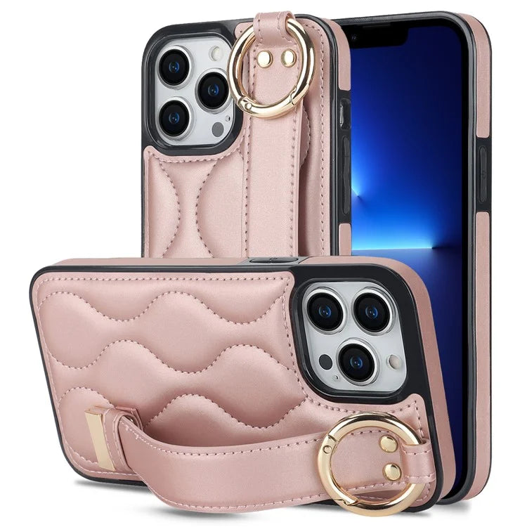 For iPhone 13 Pro Kickstand Case Wave Pattern Anti-Drop PU+TPU Phone Protector